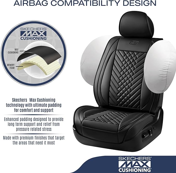 Skechers Car Seat Covers,MAX Cushioning Memory Foam Piping Leather Seat Covers,Waterproof Car Seat Protector Full Set,Car Seat Cushion Airbag Universal Fit for Most Cars,Vans,Trucks,SUV,Black