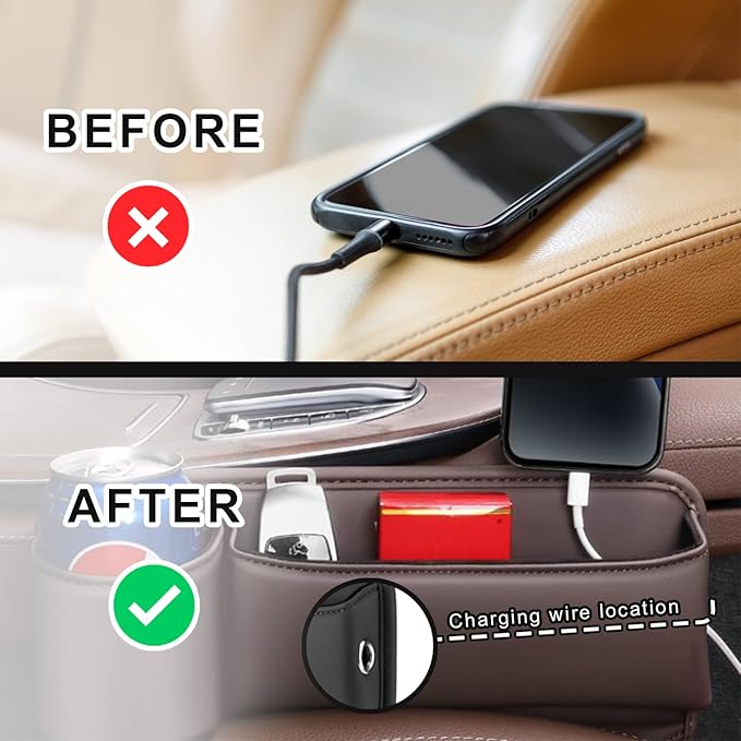 Coneati 2-Pack car seat Gap Filler Organizer with Cup Holder, Adjustable Car Seat Gap Storage Box Leather with Cup Holder for Phones Glasses Keys Cards (Black. Driver- Passenger)