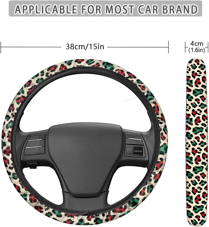 Universal Non-Slip Steering Wheel Cover, 15-inch Polyester Material Driving Accessories, Adjustable for Car and Truck(Artistic Red Green Leopard)