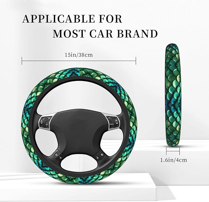 Neoprene Steering Wheel Cover Bright Green Pastel Mermaid Scales Car Steering Wheel Cover Universal Fit for Most Cars