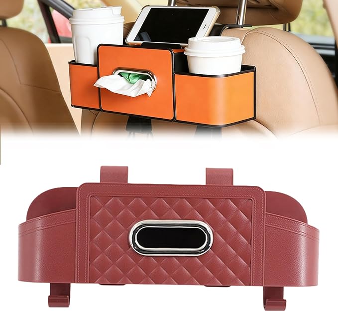 NOSBING Car Organizer And Storage Box, Back Seat Car Organizer, 5 in 1 Multifunctional Car Back Seat Storage Box with Drink Cup Holder Tissue Box, for Hold Phone,Snacks, Drinks, Handbag (Wine-B)