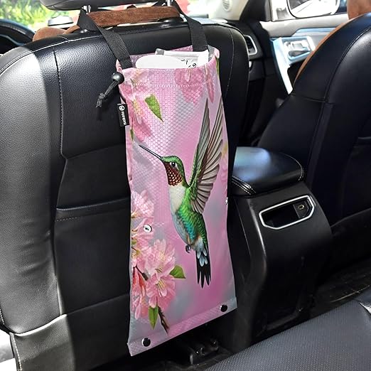 Hummingbird and Cherry Blossom Car Trash Bag Waterproof Foldable Hanging Garbage Bag Adjustable Car Trash Can Sundry Storage Bag for Automotive Front or Back Seat, 2Pack