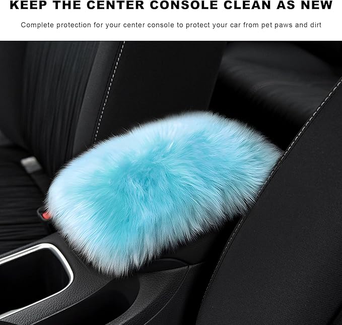 Furry Car Center Console Cover Pad, 11.8"×7.9" Auto Fluffy Plush Center Armrest Protective Cover, Comfortable Fuzzy Armrest Seat Box Protector Cushion for Cars Trucks SUVs (Light Blue)