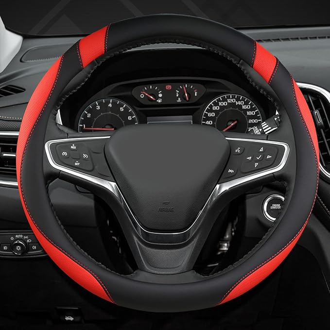 West Llama Customized Auto Car Steering Wheel Cover for Chevy 14.5-15 inches, Steering Wheel Cover for Chevrolet (Black+Red - Standard Size)