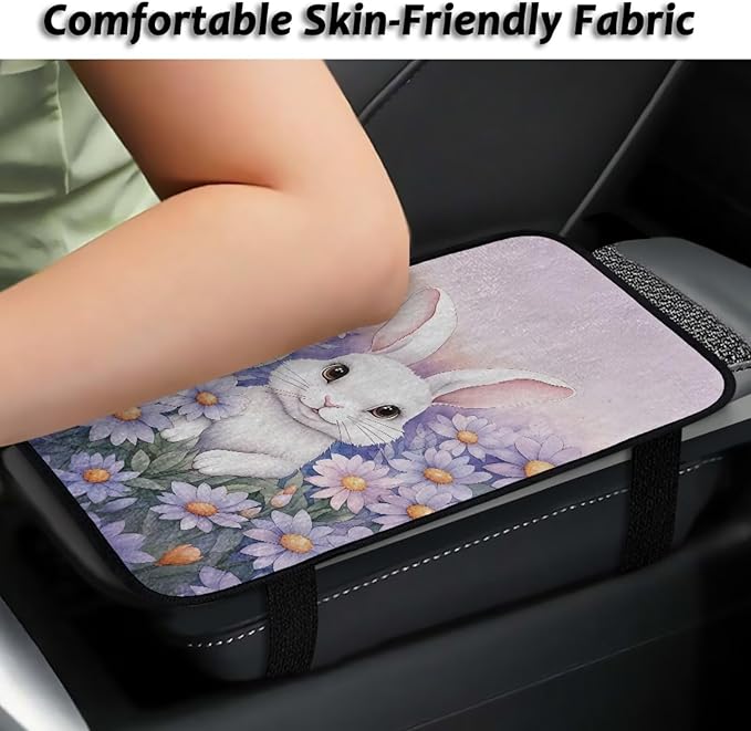 Bulopur Easter Cute Bunny Armrest Cover Car Center Console Cover Easy to Install Car Armrest Cushion Flannel Protector Protect from Pet Claws Thickened Fit for Most Cars, Vehicles, SUVs