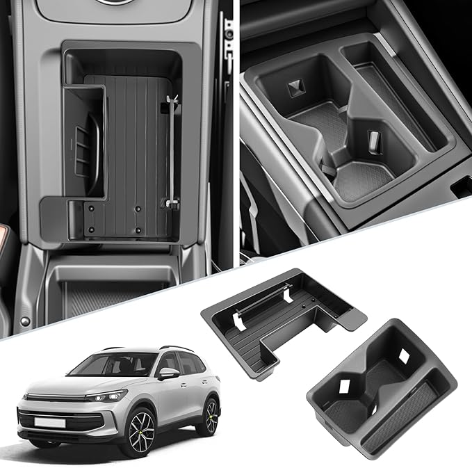 SKTU 2-Pack for 2025 2026 VW Tiguan Center Console Organizer for 2025 2026 Volkswagen Tiguan Front Console Tray Cup Holder VW Tiguan 2025 2026 Accessories Durable ABS & Anti-Slip Console Tray Cup Pad