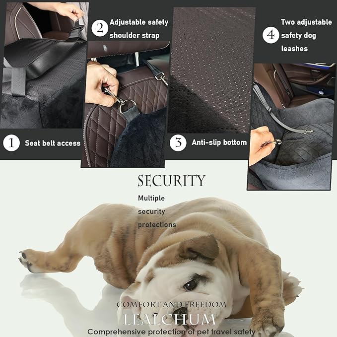 Lealchum Dog Booster Car Seat for Small/Medium Dogs,6in Memory Foam Elevated Cushion,Fully Detachable and Washable,2 Clip-On Safety Leashes,Anti-Slip Base(Black/Grey,Medium)