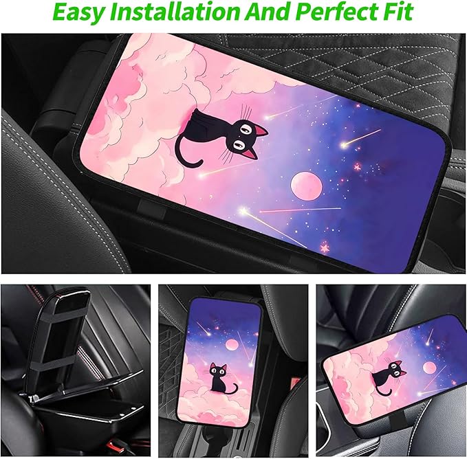JANENFNA Car Armrest Cover Pads Universal Fashion Cute Auto Center Console Armrest Cover Pad with 2PCS Car Coasters Soft Waterproof Car Armrest Seat Protector for Women,Cute Cat on Pink Clouds