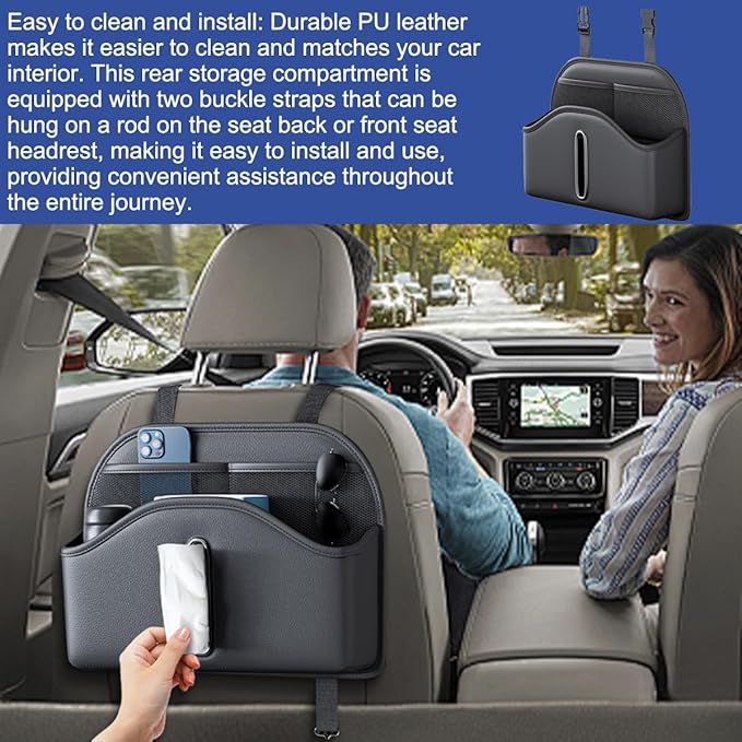 Car Tissue Holder, Multifunctional Vehicle Back Seat Organizer with Tissue Box Hook, Automotive Interior Headrest Hanging Storage Pocket Bag Accessories, Universal Fit