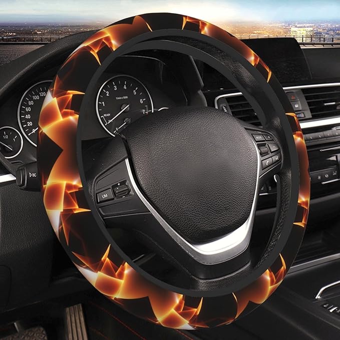 Black Orange Fire Geometric Universal Fit Steering Wheel Cover for Car, Truck, and SUV, Durable Steering Wheel Protection