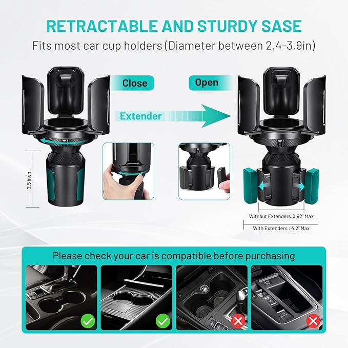 2 Pack Car Cup Holder Expander Adapter (Adjustable) This Hill All Purpose Cup Holder Expander for Car with Rubber Fits Less Than 5.51" Large Bottles & Mugs & Foods & Drinks