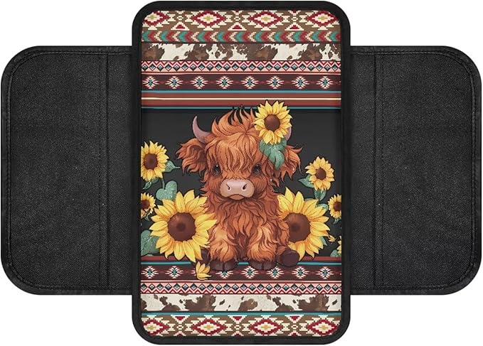 Boatee Cow Sunflower Automotive Armrests Universal Arm Rest Cover for Car Navajo Center Console Pad with 2 Storage Bags Car Console Organizer Car Interior Decor Auto Interior Protection Brown