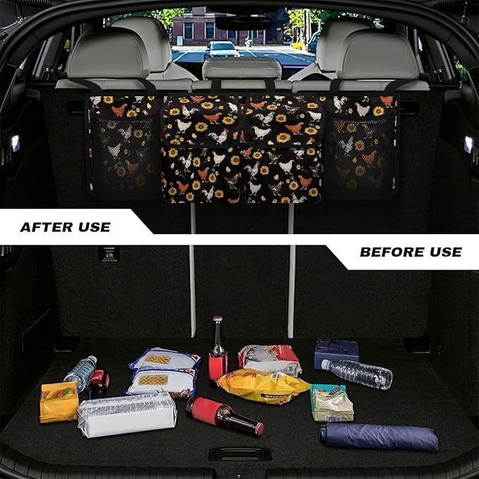 Sunflower Chicken Car Trunk Organizers for Women Back Seat Trunk Organizer Hanging Car Organizer Foldable Storage Bag with Adjustable Stra & 4 Pocket