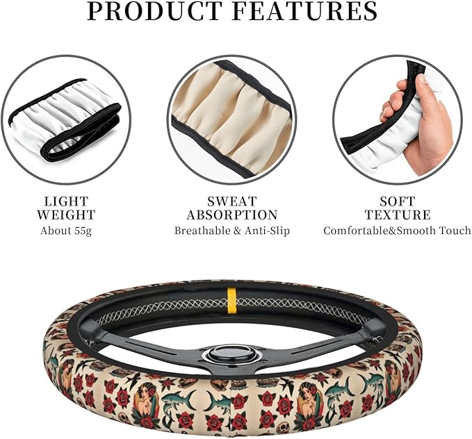 America Traditional Tattoo Car Steering Wheel Cover, 15 Inch Steering Wheel Cover Stylish Decor for Most Cars