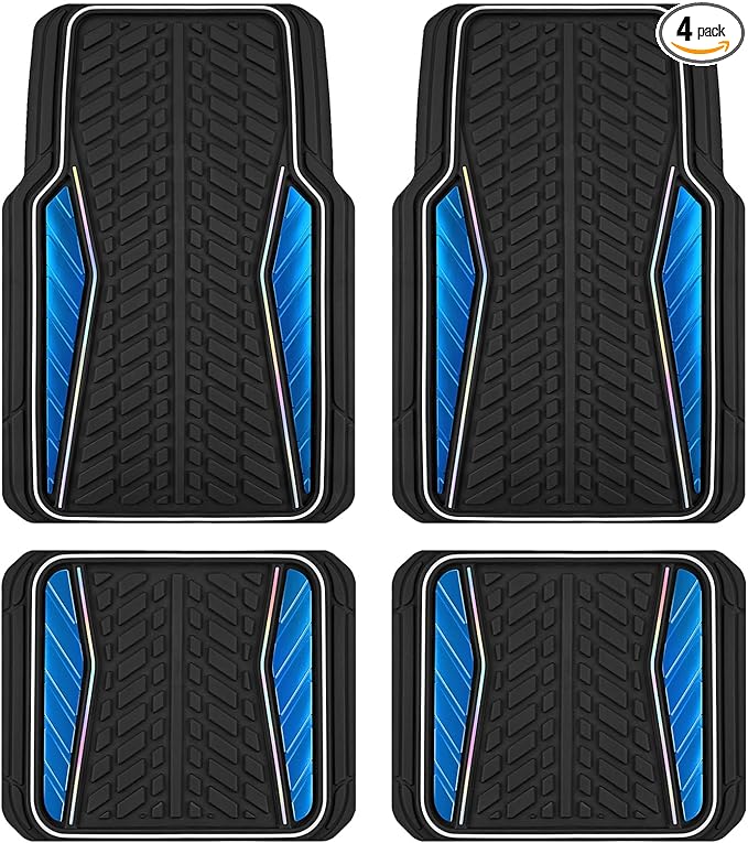PIC AUTO Car Floor Mats, Blue Aluminum-Molded with Full-Circle Iridescent Inlay Strip Car Mats, Universal-Fit Rubber Mats for Cars, Trucks & SUVs, All-Weather, Non-Slip, Easy-to-Clean Interior Mats