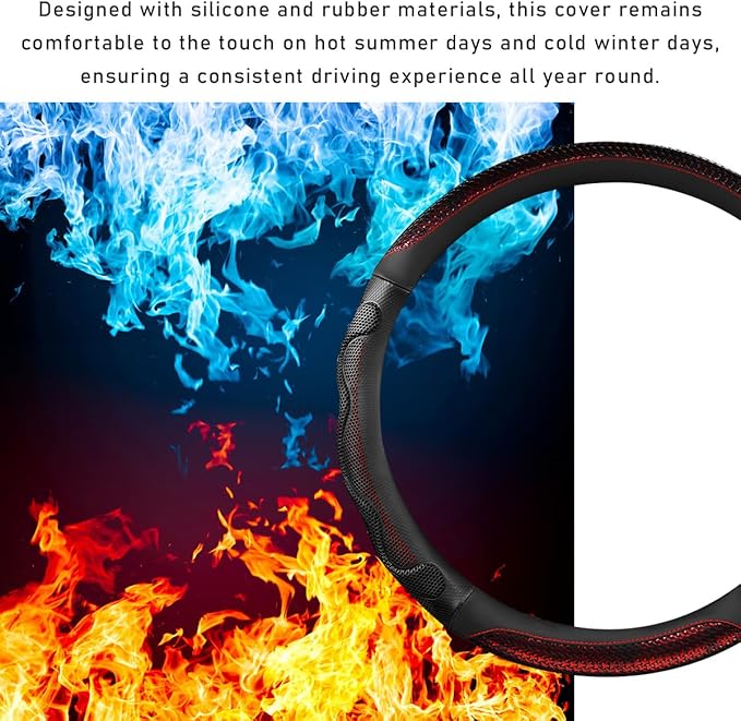 Car Steering Wheel Cover, 15 Inches 3D Honeycomb Design Car Steering Wheel Protector with Comfy Grip, Breathable Anti-Slip D-Shaped Steering Wheel Sleeve for Most Vehicles (Red, Round)