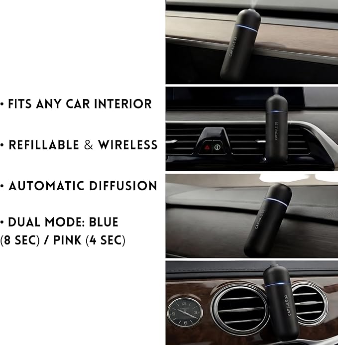 Capsule 33 Car Perfume Starter Pack, Car Air Freshener, Ultrasonic Aroma Diffuser, 6 Fragrances (White Crystal, Red Diamond, East Gold, Ocean Blue, Sweet Cherry, Light Pink) (Black)