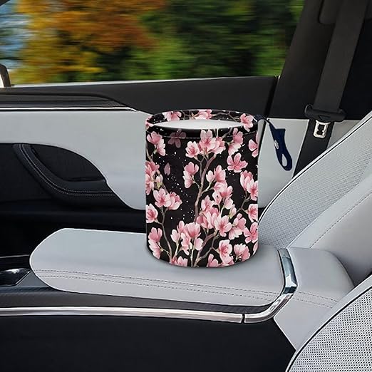 Brosoneto Cute Cherry Blossom Car Trash Can Reusable Foldable Hanging Portable Dustbin Bin for Back Seat, Front Console, Floor, or Hanging Headrest Waste Basket