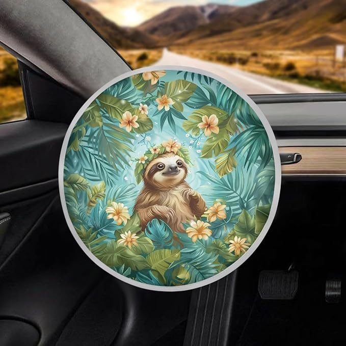 Floral Sloth Leaf Pattern Universal Steering Wheel Sun Shade Fit Most Car Truck SUV Van Block UV Rays Steering Wheel Sun Cover Car Rudder Visor Steering Wheels Accessories