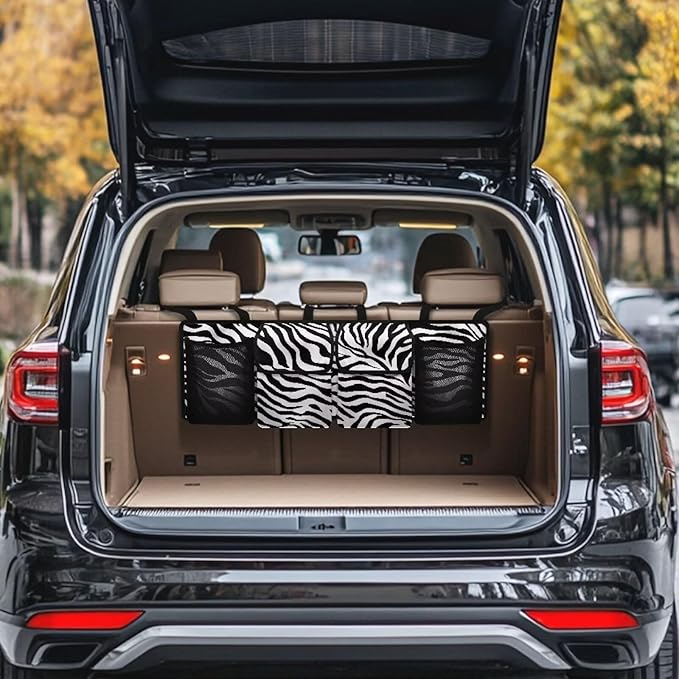Hanging Trunk Organizer, Zebra Stripe Foldable Car Trunk Organizer Back Seat with 4 Large Pockets, Hanging Trunk Organizer Universal for Vehicles (with Mesh Bag)