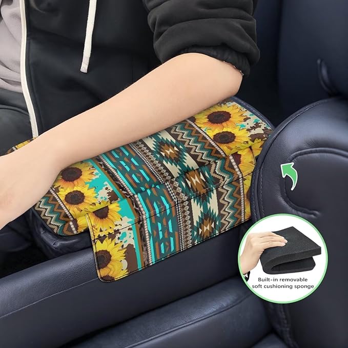Dreaweet Sunflower Aztec Arm Rest Cover for Car Women Thick Center Console Armrest Pad with Pockets Car Armrest Storage Box Mat Universal Console Covers for SUV Trucks