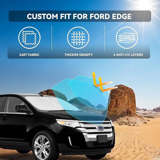 for Ford Edge 2007-2014 Windshield Sun Shade - 4 Layers Car Sunshades for Front Windows Shade Cover Custom Fit Edge Sun Visor 240T Retractable Shade Blocks UV Rays Car Accessories