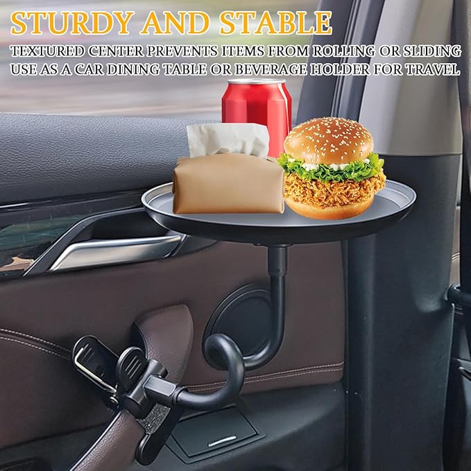 Car Adjustable Food Tray, 360° Non-Slip Swivel Vehicle Snacks & Drinks Dining Table, 8.7 Inches Diameter Automotive Clip Type Storage Tray, Universal for SUV, Truck, RV