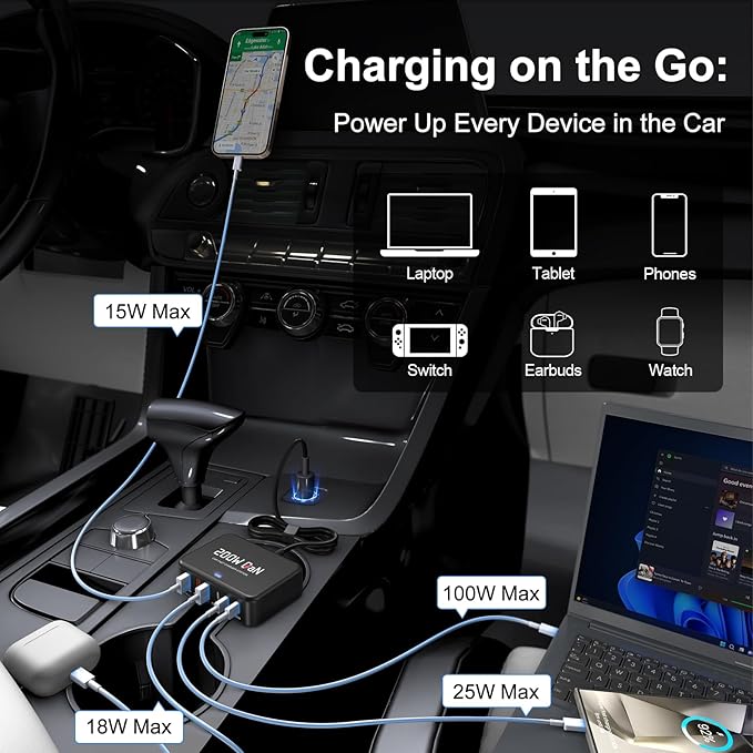 200W Car Fast Charging Station,6 Ports, Compatible with MacBook pro/Air/M5 M4 M3 M2 M1/Dell/Lenovo/HP,for iPhone 17/16/15 Series,Samsung Galaxy S26/S25 Ultra/S24 Series and More