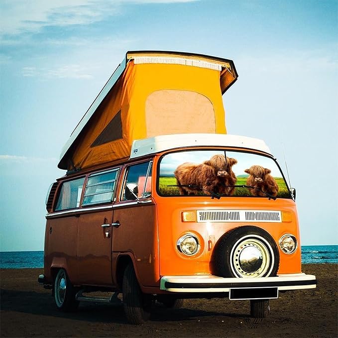 DOPINDU Highland Cattle Car Windshield Sun Shade Umbrella Bendable Handle Foldable Cute Cow Sunshade with Mirror Cut-Out Block UV Rays Keep Vehicle Cool for Most Sedans SUV Trucks Cars 57"x30"