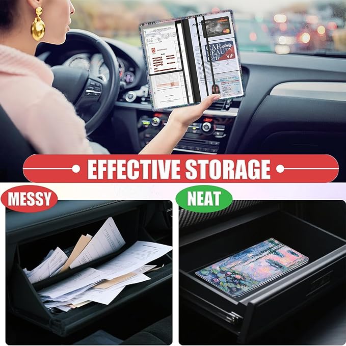 Car Registration and Insurance Card Holder for Women Men, Waterproof PU Leather Glove Box Car Organizer with Magnetic Shut, Vehicle Document Holder for Driver License,Cards, Watercolor Water Lotus