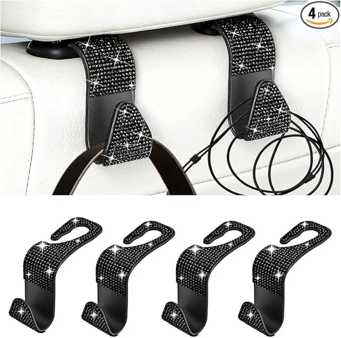 Bling Car Seat Headrest Hooks, 4PCS Crystal Rhinestone Vehicle Back Seat Hanger Holder for Handbags Purses Coats, Automotive Headrest Storage Organizer, Universal for RV SUV Truck (Black)
