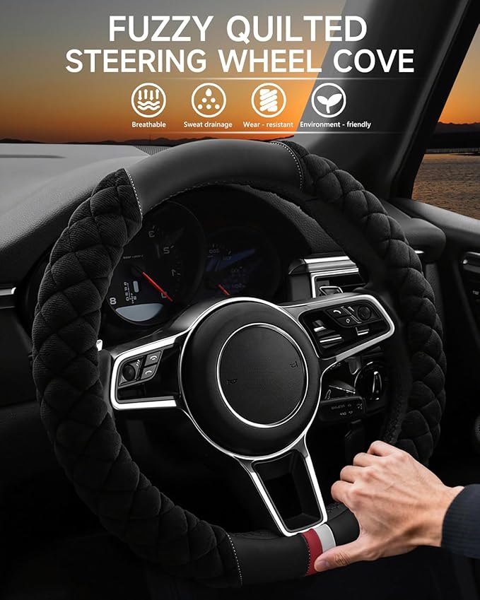 Cxtiy Universal Car Steering Wheel Cover Fluffy Winter Plush Steering Wheel Cover (A-Black)