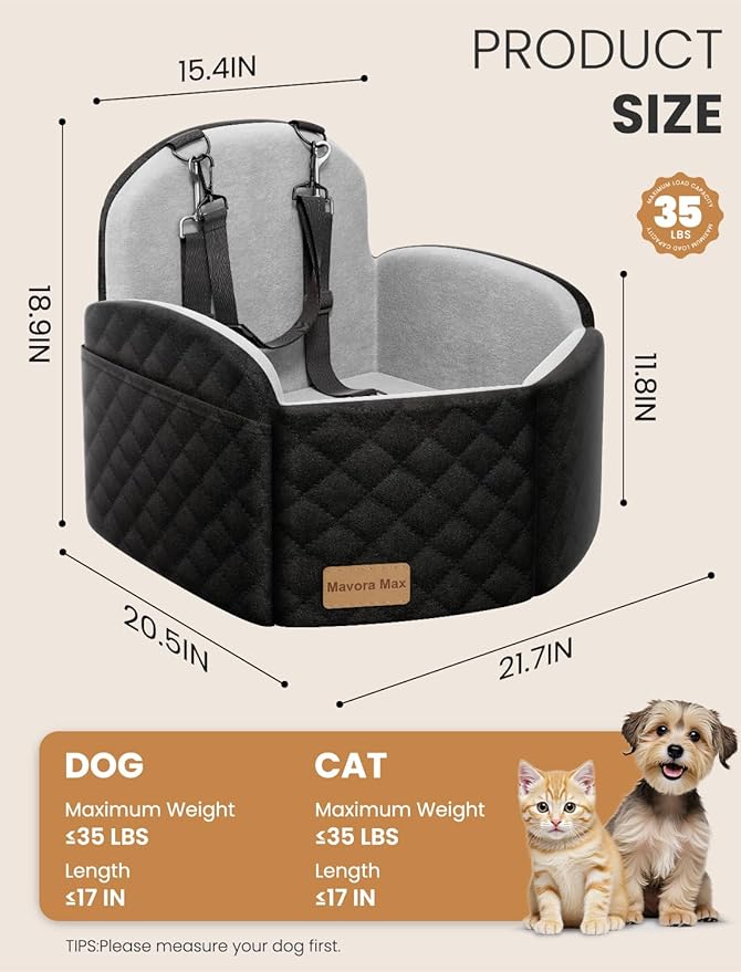 Mavora Max Dog Car Seat for Small/Medium Dogs, Elevated Dog Booster Seat Memory Foam Puppy Car Seat with Washable Cover, Travel Safety Pet Seat for Car with Storage Pockets Up to 35 lbs (Black/Grey)