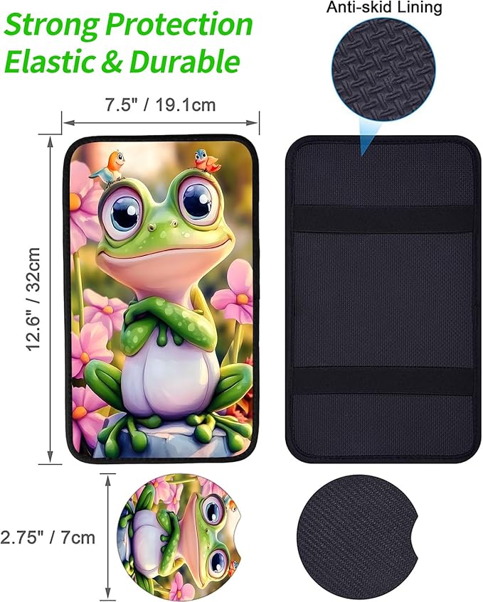 JANENFNA Car Armrest Cover Pads Universal Fashion Cute Auto Center Console Armrest Cover Pad with 2PCS Car Coasters Soft Waterproof Car Armrest Seat Protector for Women,Pink Flower Frog