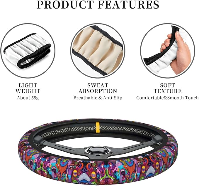 Visages Psychedelic Horror Monster Universal Fit Steering Wheel Cover for Car, Truck, and SUV, Durable Steering Wheel Protection