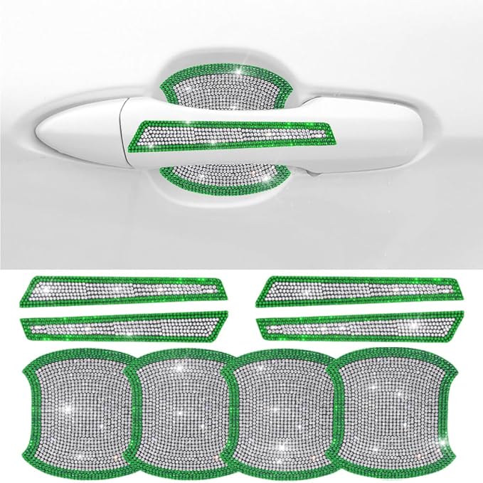 8Pcs Bling Car Door Handle Protector Stickers,Crystal Rhinestone Glitter Car Door Handles Cup Scratch Protectors Decals Universal (Green White)