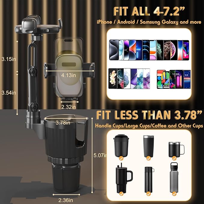Phone Holders for Your Car, 2 in 1 Universal Cup Holder Expander Adjustable Base with Phone Mount, Long Arm with 360°Rotation Cup Holder Phones Mount for Car Compatible with All Smartphones