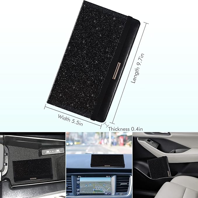 Caweet Car Registration and Insurance Holder Vehicle Glove Box Organizer Leather Document Holder for Driver's License, ID, Key Information Cards with Elastic Band Closure, Glitter Black