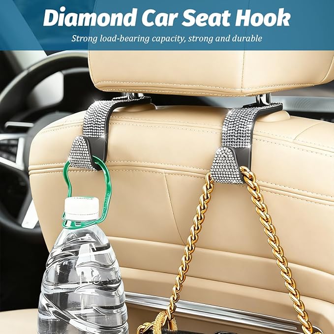 4PCS Bling Car Seat Headrest Hooks, Vehicle Back Seat Purse Handbag Hanging Holder with Crystal Rhinestone, Diamond Storage Organizer Hook, Universal Automotive Accessories (Black/Blue)