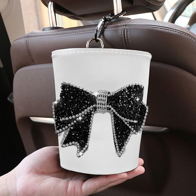 Trash Can for Car Garbage, Hanging with Black Large Diamond Bow Garbage, Waterproof Lined Car Utility Decoration, Suitable for Sedans, SUVs, MPVs & Trucks