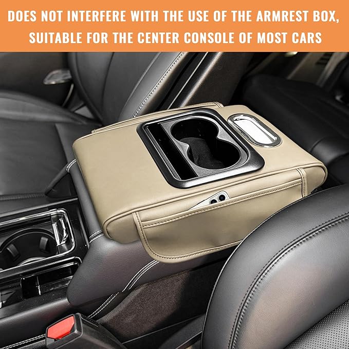 Car Center Console Armrest Pillow, 5-in-1 Armrest Cushion w/ 2 Side Bags, Tissue Box Slot, Cup & Phone Holder, Multifunctional Leather Auto Arm Rest Cover Storage Organizer (Beige, Normal)