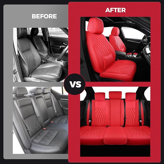 FREESOO Car Seat Covers Front Seats - Luxury Breathable Waterproof Faux Leather Car Seat Cover Protectors with Lumbar Support, Universal Fit for Most 5 Seats Vehicles Sedans Hatchbacks Pick-ups, Red