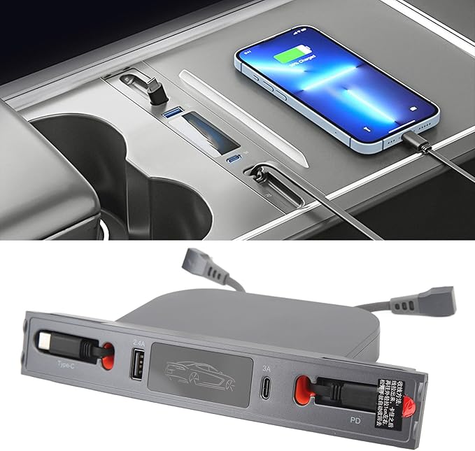 Astibym Car USB Hub 27W Fast Charging with 2 Cables Center Console Docking Station Replacement for Tesla Model 3 Y 2021 to 2023