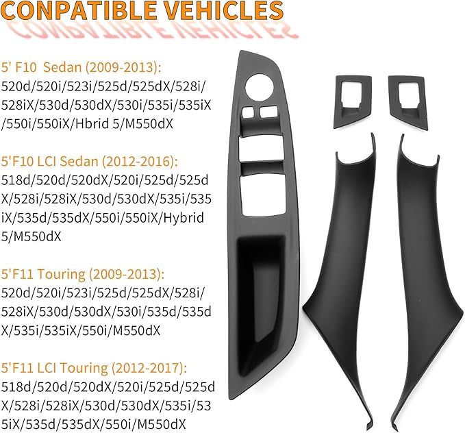 BJchiwu 7pcs No-Remove Interior Door Pull Handle Sticky Cover for BMW 5 Series F10/F11 520,523,525,528,530,535 (2010-2016) Fits Driver & Passenger Side Window Switch Armrest Panel (Black)