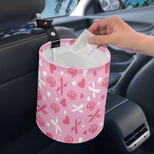 Breast Cancer Pink Ribbon Car Trash Bag, Car Trash Can - Cute, Portable, Collapsible for Back Seat, Floor, or Hanging Headrest Waste Basket