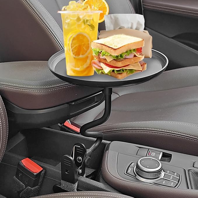 Car Adjustable Food Tray, 360° Non-Slip Swivel Vehicle Snacks & Drinks Dining Table, 8.7 Inches Diameter Automotive Clip Type Storage Tray, Universal for SUV, Truck, RV