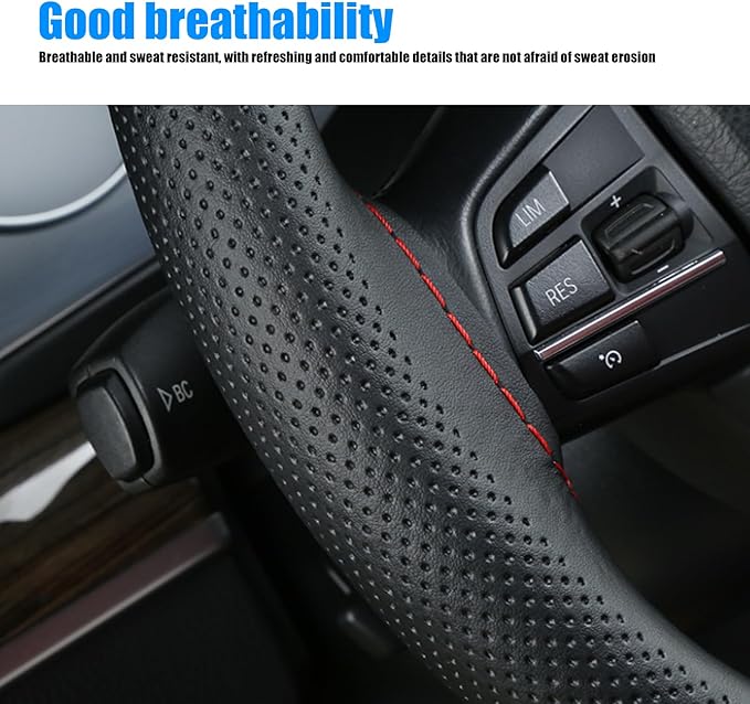 Pack-1 Leather Steering Wheel Cover, Universal Non-Slip Stitch On Wrap, DIY Car Wheel Cover Protector with Needle and Thread for Most Cars SUVs and Trucks (Black #3)