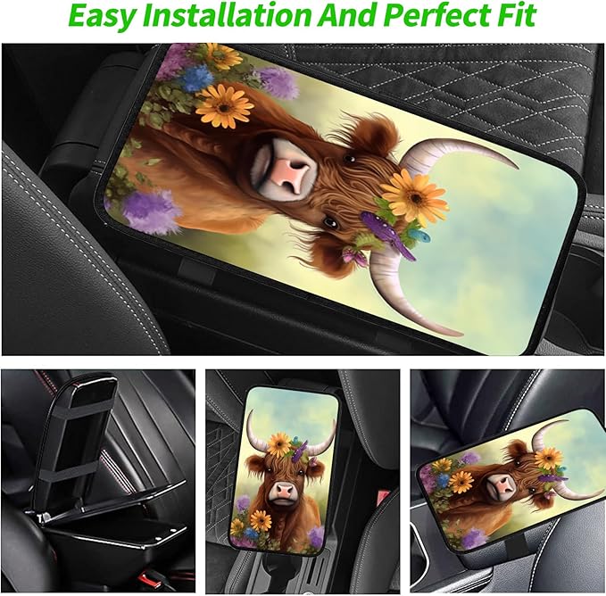 JANENFNA Car Armrest Cover Pads Universal Fashion Cute Auto Center Console Armrest Cover Pad with 2PCS Car Coasters Soft Waterproof Car Armrest Seat Protector for Women,Flowers Cow