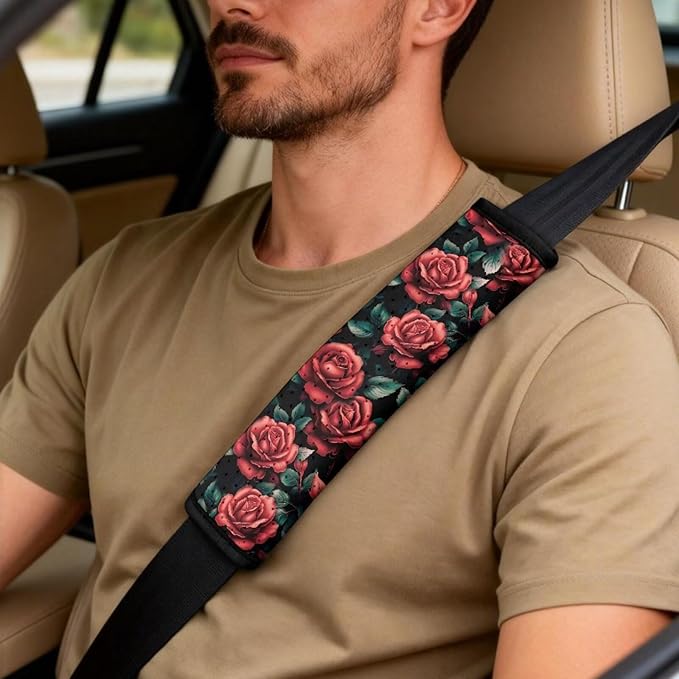 FUSURIRE 5PCS Car Accessories Set, Red Rose Print Vehicle PU Front Seat Covers, Seat Belt Covers & Center Armrest Pad, Universal for SUV, Truck, RV