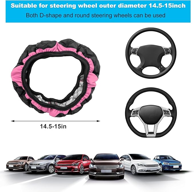 Car Steering Wheel Cover, 15 Inches Non-Slip Leather Car Steering Wheel Protector, Universal Steering Wheel Soft Cover Mats for Car Truck SUV, Interior Car Accessories (Pink)